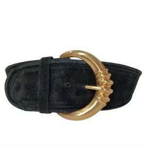 Donna Karan New York Italian Suede Leather Wide Belt Gold Buckle Size Medium